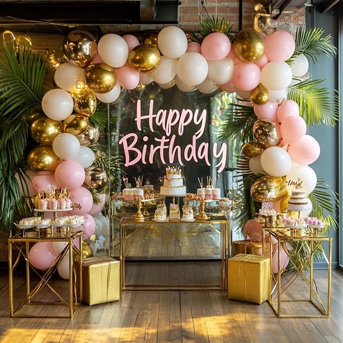 PartyWoo Pink and White Balloon Arch Kit Garland 140pcs Different Sizes of 18 12 10 5 Inch Light Pastel Baby Pink Metallic Gold Confetti White Balloons for Baby Shower Birthday Party Decorations