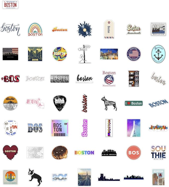 100Pcs Boston Sticker for Water Bottle and Laptop - City Souvenirs, Decorations & Gifts, Waterproof Vinyl Decals, Gifts for Women & Men