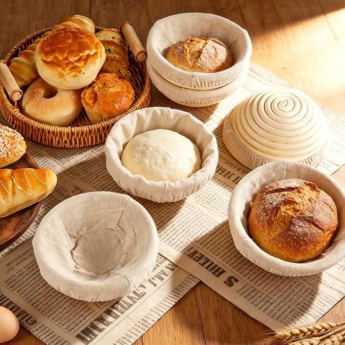 5 Inch Banneton Bread Proofing Basket Set of 6 with Linen Liner Cloth Mini Banneton Basket Proofing Baskets for Traditional Sourdough Bread Bakery Bowls for Professional & Home Bakers