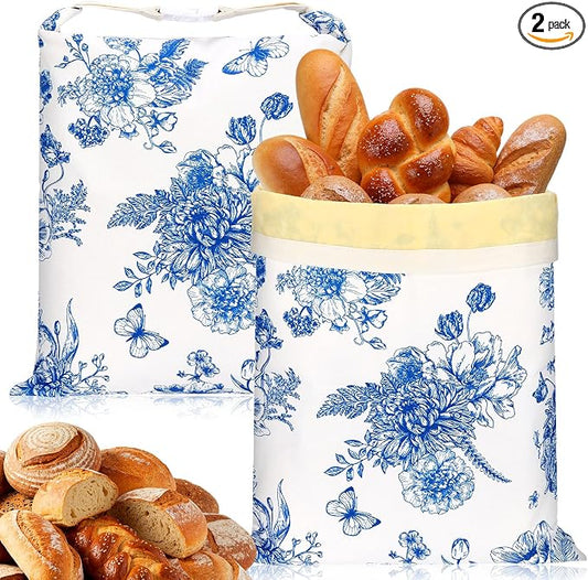 2 Pcs XL Beeswax Bread Bags for Sourdough Reusable 13” x 17” Large Bread Bags with Improved Beeswax Coating Food Wraps for Mother's Day Homemade Loaf Fresh Freezer(Blue Flowers)