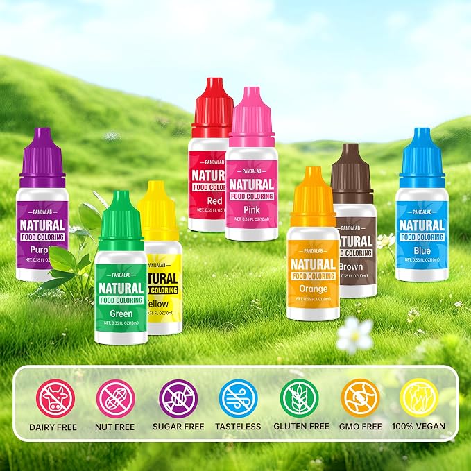 Natural Food Coloring - Pandalab 8 Colors x 10 ml Plant-Based Concentrated Food Dye, No Artificial Dye, Vegan Edible Color for Baking, Cake Decorating, Icing, Frosting, Cookies, Candy