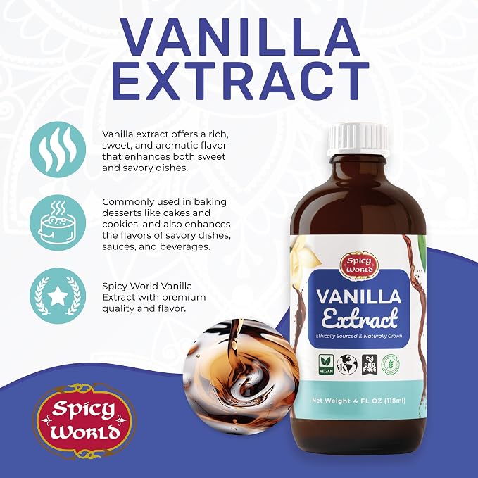 Spicy World Pure Vanilla Extract 4oz - 100% Real Vanilla Extract - Made from Grade B Vanilla Beans - For Cooking, Drinks & Desserts - 100% Vegan, Sugar Free & Kosher - Non-GMO & Gluten-Free - Glass Bottle (4 Ounce Bottle)