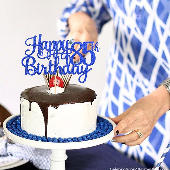 1 PCS Happy 85th Birthday Cake Topper Glitter Cheers to 85 Years Birthday Cake Pick Eighty Five 85 Fabulous Cake Decoration for Happy 85th Birthday Theme Party Decorations Supplies Blue