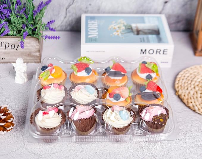 NPLUX 12 Count Cupcake Containers 12 Pack Cupcake Holders with Detachable Tall Dome Lids Clear Plastic Stackable Cupcake Boxes for 144 Cupcakes, BPA Free, Standard Size