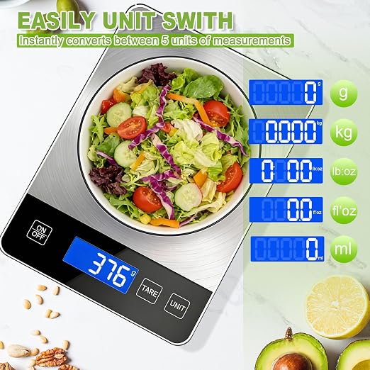 Digital Kitchen Scale, 33lb Food Scale Precisely Measures Grams and Ounces for Baking, Cooking, and Meal Prep, 304 Stainless Steel Weight Scale for Food with LCD Display, Batteries Included