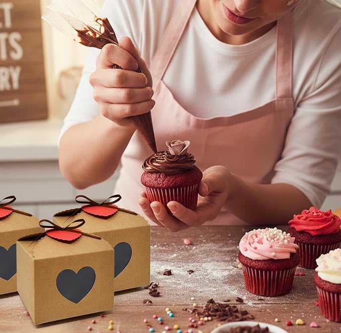 Gift Boutique Heart Gift Boxes 24 Pack Kraft Paper Favor Boxes with Heart Window Ribbon and Tags for Candy Cookies Treats Weddings Showers Party Favors