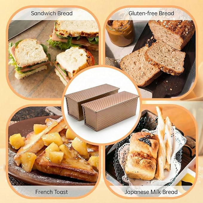 2 Pack Pullman Loaf Pan with Lid - 2.2LB Non-Stick Bread Pan, Carbon Steel Square Toast Mold with Silicone Spatula & Oil Brush, Baking Kit for Homemade Sandwich & Sourdough, Housewarming Gifts