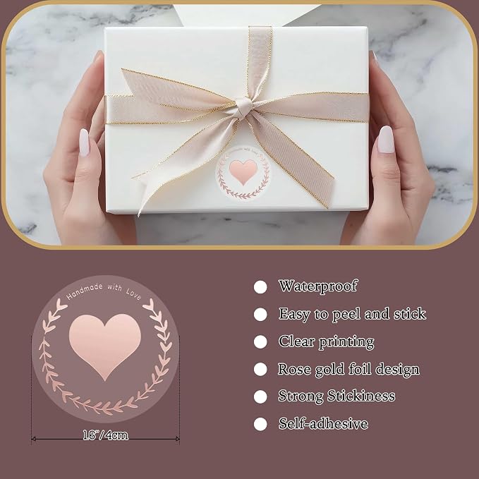 100 Pcs Handmade with Love Stickers, Transparent Foil sticker, 1.6 Inch Round Self-Adhesive Seals for Gift Packaging, Small Business, Envelope & Thank You Cards (Rose)