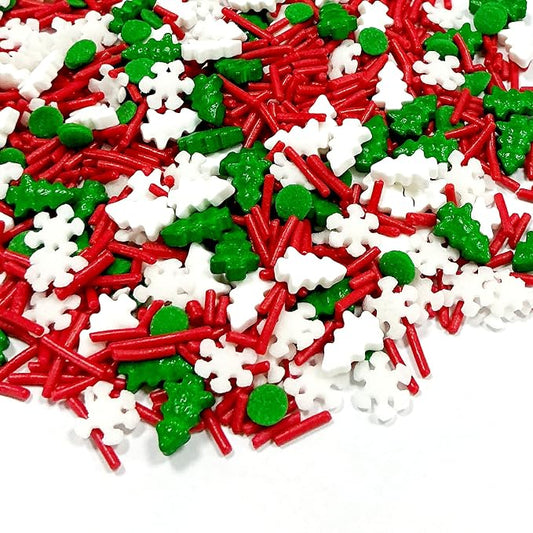 Homipooty Christmas Tree Sprinkles for Cake Decorating 100g/3.5oz Mix of Red and Green Holiday Sprinkles with White Snowflakes Jimmies for Cupcake Toppers Cookie Ice Cream Decorations Celebrations