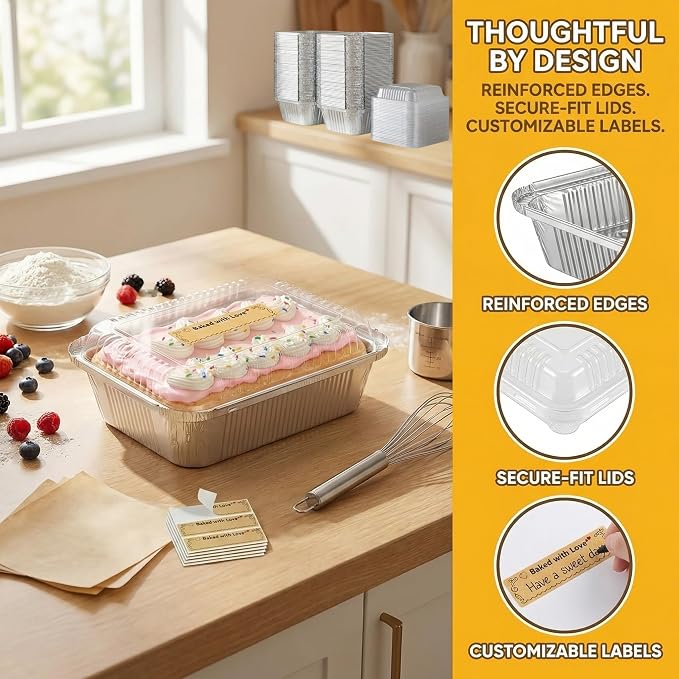 Gyeruni 50 Pack Disposable Aluminum Loaf Pans with Lids and Stickers Kit, 6" X 4.7" X 2" Small Tin Foil Loaf Pans Foil Baking Tins Trays for Food Containers/Cakes/Bread