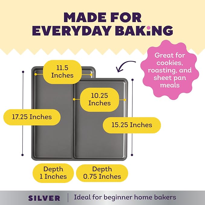 Wilton Silver 2- Piece Non-Stick Baking Sheet Set, Cold-Rolled Steel Bakeware for Baking and Roasting, Made without PFAS