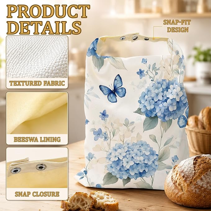 2 Pack Beeswax Blue Hydrangea Bread Bags for Sourdough, Reusable Linen Butterfly Floral Bread Bag 17x13'' Food Storage Cloth Bag Freezer-Friendly & Freshness Preservation