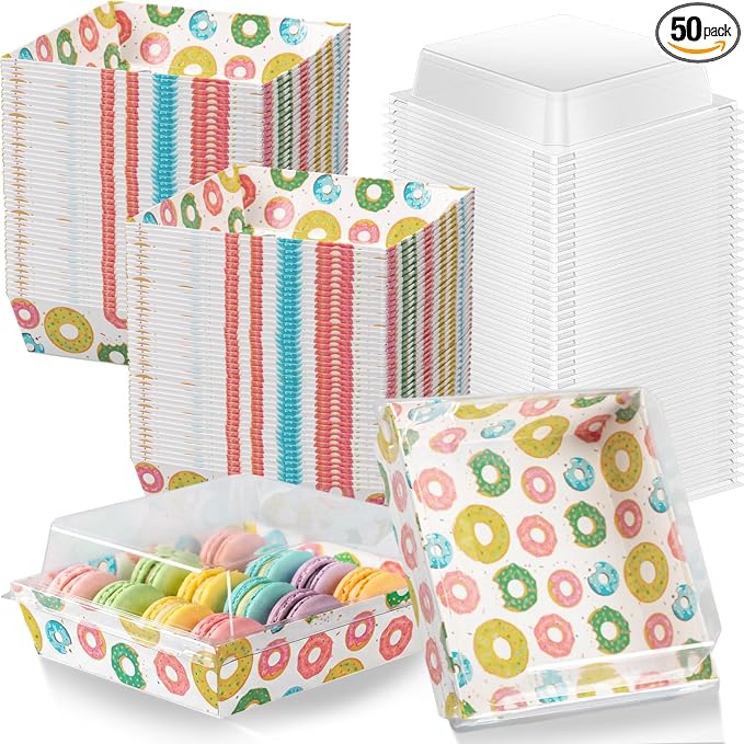 Potchen 50 Pack Bakery Boxes with Clear Lids, Disposable Charcuterie Treat Boxes for Cookies, Donuts, Cupcakes, Candy and Mini Cakes, Party Favor for Wedding and Gift Giving(Donut)