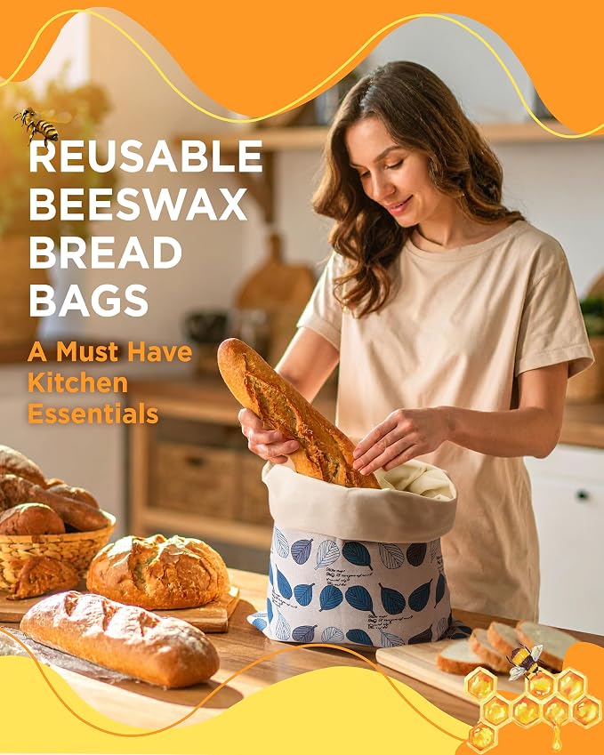 Reusable Beeswax Bread Bag for Homemade Bread, Extra Large Cotton Sourdough Bread Storage Bags, Freezer Safe Bread Keeper for Baker