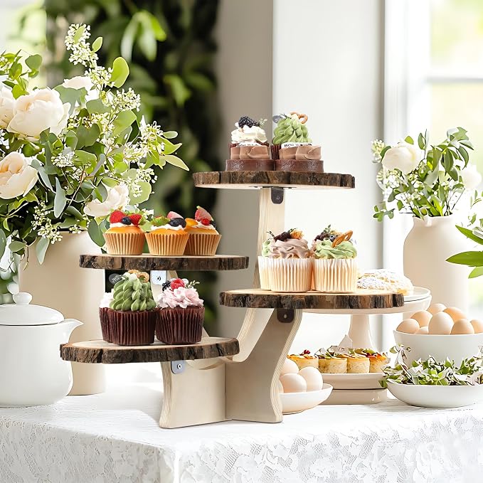 Chunful 4 Tier Round Natural Wood Cupcake Dessert Stand, Cup Cake Tower Stand Holder, Wooden Cake Display Tiered Centerpiece for Party, Birthday, Wedding, Baby Shower, Holiday Decoration