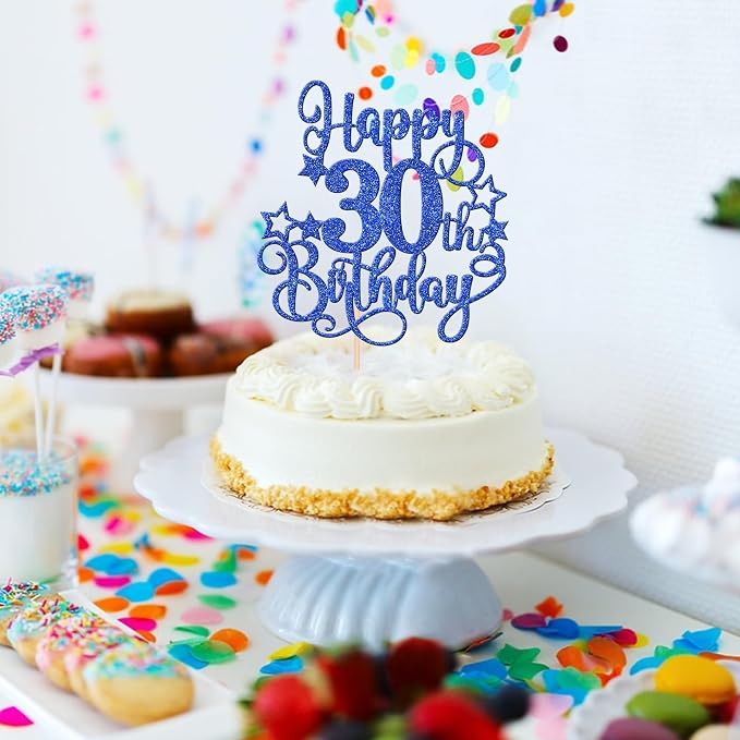 1 PCS Happy 30th Birthday Cake Topper Glitter Cheers to 30 Years Birthday Cake Pick Hello 30 Fabulous Cake Decoration for Happy 30th Birthday Anniversary Party Decorations Supplies Blue