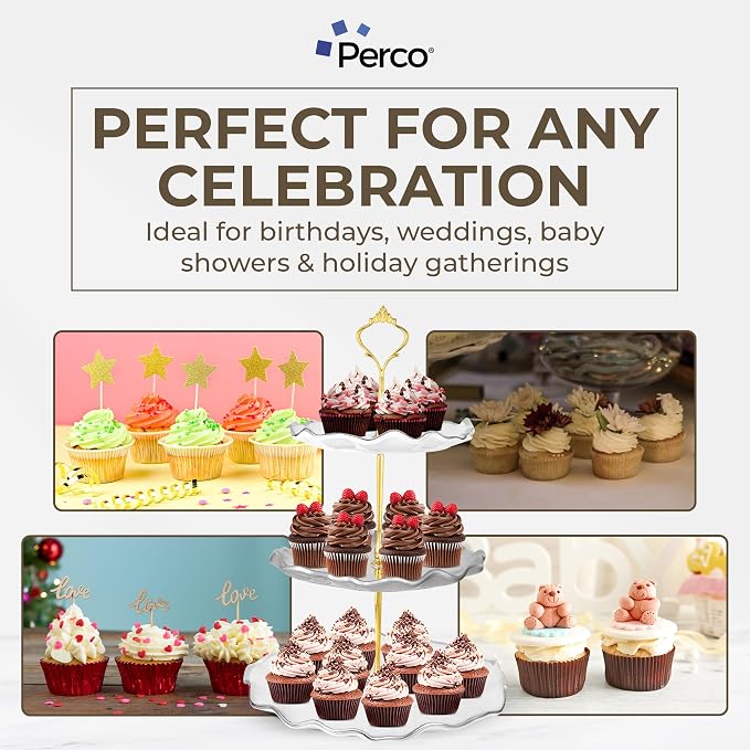 Perco 3 Tier Ceramic Cupcake Stand for 20 Cupcakes – Tiered Dessert Stand & Serving Tray, Elegant Gold Accent Dessert Table Display Set for Weddings, Birthdays & Events