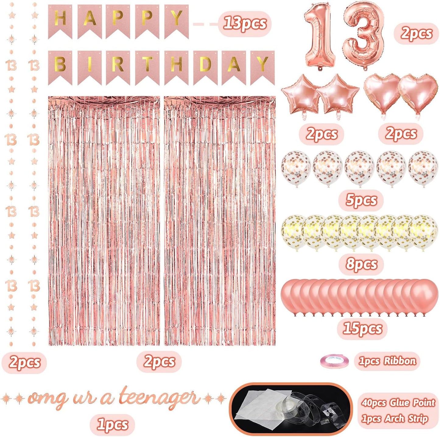ZERODECO Rose Gold Birthday Party Decorations 13th, Happy Birthday Banner Fringe Curtain 13 Garland Heart Star Foil Confetti Balloons for Women Girls Queen Princess Party