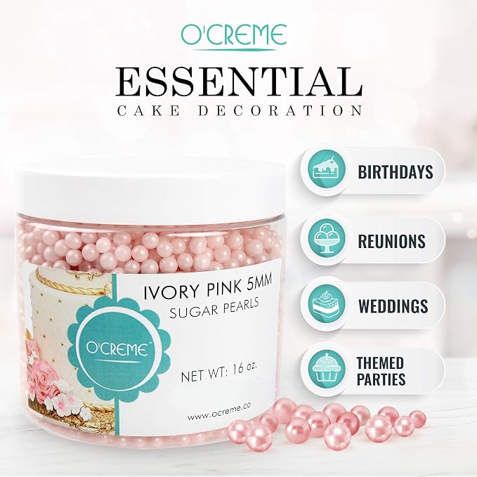 O'Creme Pink-Ivory Edible Sugar Pearls Cake Decorating Supplies for Bakers: Cookie, Cupcake & Icing Toppings, Beads Sprinkles For Baking, Certified, Candy Sugar Ball Accents (4mm, 16 Oz)