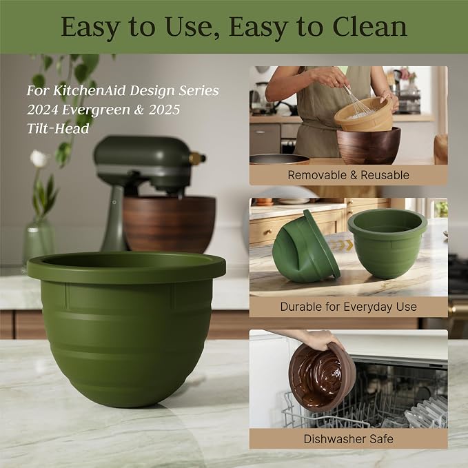 Silicone Bowl Liner Compatible with Kitchenaid Walnut Wood Mixing Bowl 5 Qt, Fits 2024 Evergreen & 2025 Tilt-Head Stand Mixer Accessories, 3 Food-Grade Liners with Lids, Dishwasher Safe