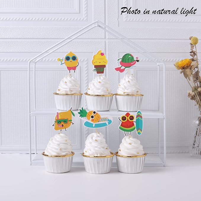 36 PCS Tropical Beach Luau Cupcake Toppers Fruit Watermelon Pineapple Ice Cream Lemon Cupcake Picks for Summer Hawaiian Luau Tropical Aloha Beach Theme Birthday Party Cake Decorations Supplies