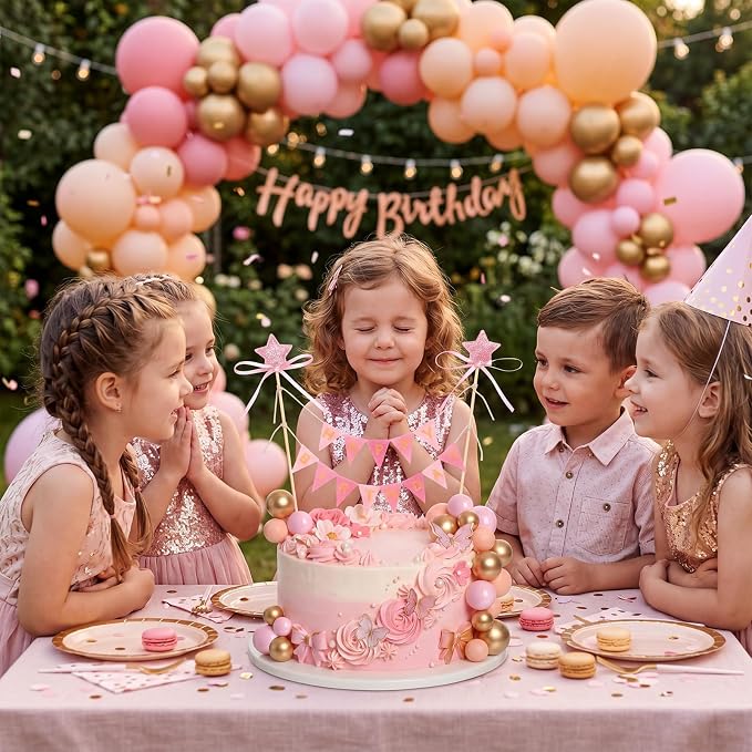 16 Pcs Happy Birthday Cake Topper Cake Bunting Topper Banner with Wood Pole Rainbow Garland with Bow Ribbon Balloon, Mini Cupcake Decor for Birthday Baby Shower (Pink,Gold)