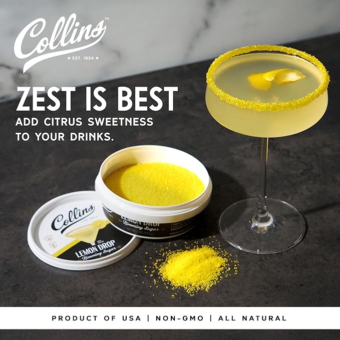 Collins Lemon Drop Cocktail Sugar, Enhance Lemon Drops, Sidecars, Spritzes, Citrus Cocktails, Glass Rimming Sugar for Drinks 4oz