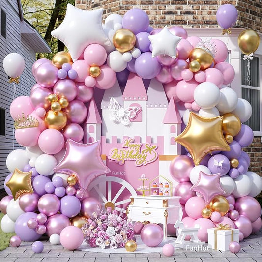 FunHot Pink Purple Balloon Arch Kit, Princess Balloon Garland, Pastel Pink Purple White Balloons Metallic Gold Star Foil Balloons for Girls Baby Shower Wedding Bridal Shower Birthday Party Decoration