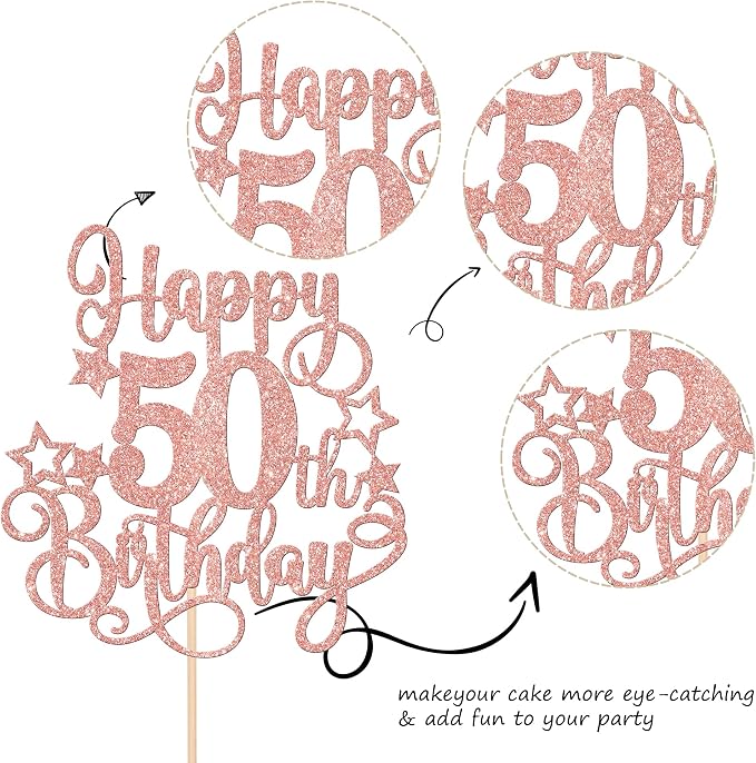 1 PCS Happy 50th Birthday Cake Topper Glitter Cheers to 50 Years Birthday Cake Pick Hello 50 Fabulous Cake Decoration for Happy 50th Birthday Anniversary Party Decorations Supplies Rose Gold