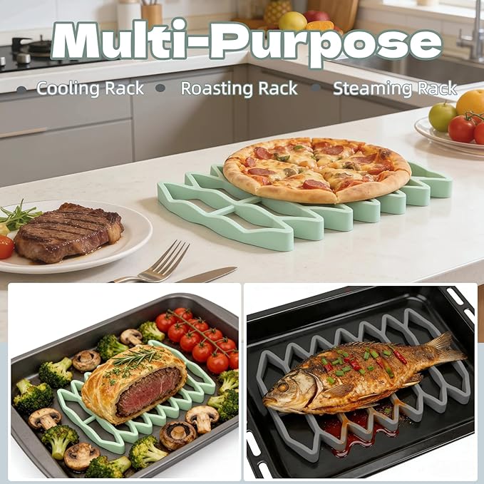 Silicone Roasting Rack, Nonstick Oven Baking & Cooling Rack for Meat, Fish, Vegetables - Heat Resistant, Dishwasher Safe Air Fryer Rack for Even Cooking & Easy Clean (2, Green)