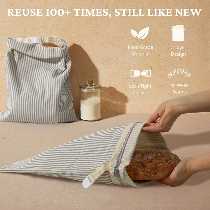 BRONYPRO Reusable Beeswax and Linen Bread Bags with Zipper, 2-Pack Waxed Bread Bags for Homemade Bread & Sourdough, Sustainable Sourdough Loaf Storage to Lock in Freshness, Large 17x12.6in, Grey