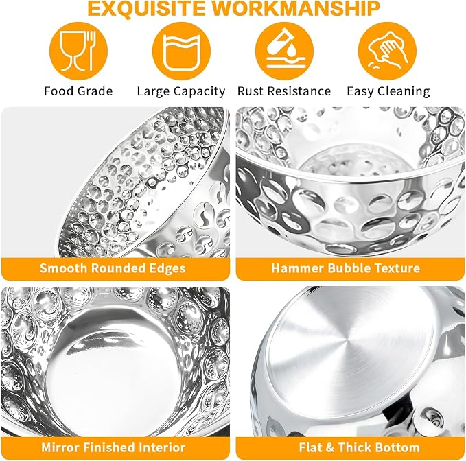 5-Piece Stainless Steel Mixing Bowls (4.9/4.2/3.2/2.1/1.6QT), Hammered Design Nesting Metal Mixing Bowl Set for Kitchen Meal Prep, Movie Night and Party