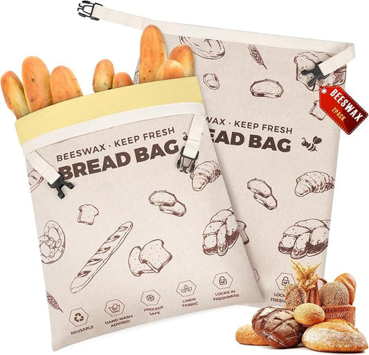 YARRAMATE Reusable Beeswax Bread Bags for Homemade Bread & Sourdough, 2 Pack XL 17x13in Linen Organic Bread Storage Bags for Loaf, Baguette, Bagels and Sandwich Bread, Freezer Safe, Brown