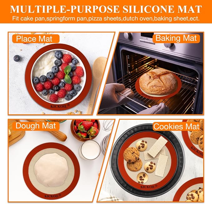 Round Silicone Baking Mats Set of 2-Silicone Mat for 8 Inch Pizza Cake Pan Air Fryer,Non-Stick Reusable Heat Resistant Baking Sheets for Bread Cookies Rolling Pie Tortilla Pastry Dough