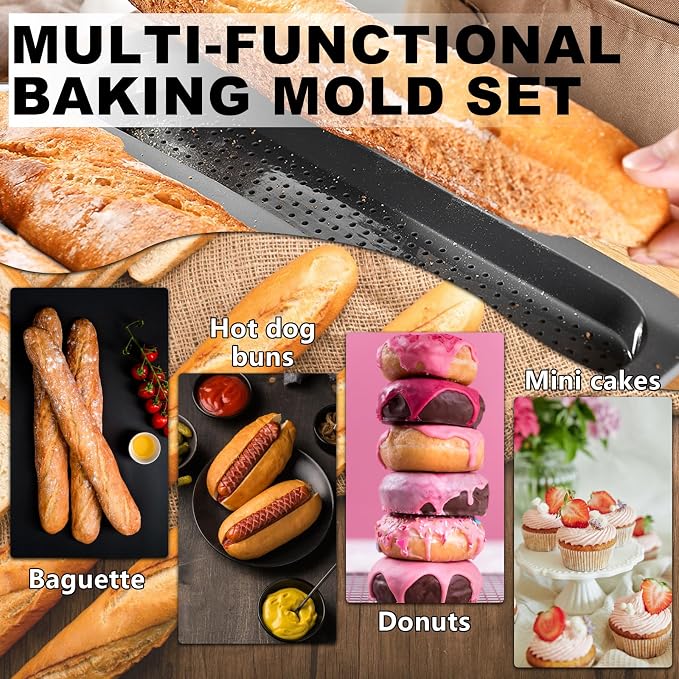 2 PCS Silicone Hamburger Bun Pan and Baguette Pan Set, Baguette Baking Mold | 3 Wave French Bread Baking Tray & 6 Cup Hamburger Bun Mold for Homemade Bread Loaf Sandwich Donuts