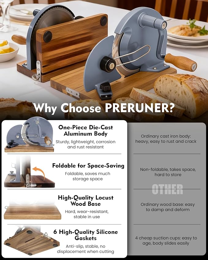 Foldable Manual Bread Slicer, Adjustable Slice, Hand-Cranked Bread Slicer with Ergonomic Handle, Hand Crank Cutter, Durable Aluminum Alloy Body And Sturdy Solid Wood Base-Grey