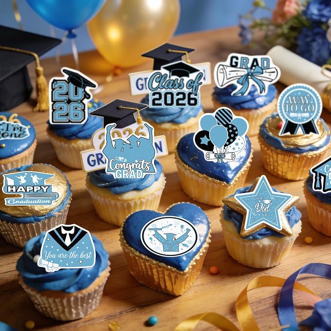 48pcs Edible 2026 Graduation Cupcake Toppers Wafer Paper Light Blue Class of 2026 Cake Decorations Edible Congrats Grad Cupcake Picks for 2026 Graduation Theme Party Cake Supplies