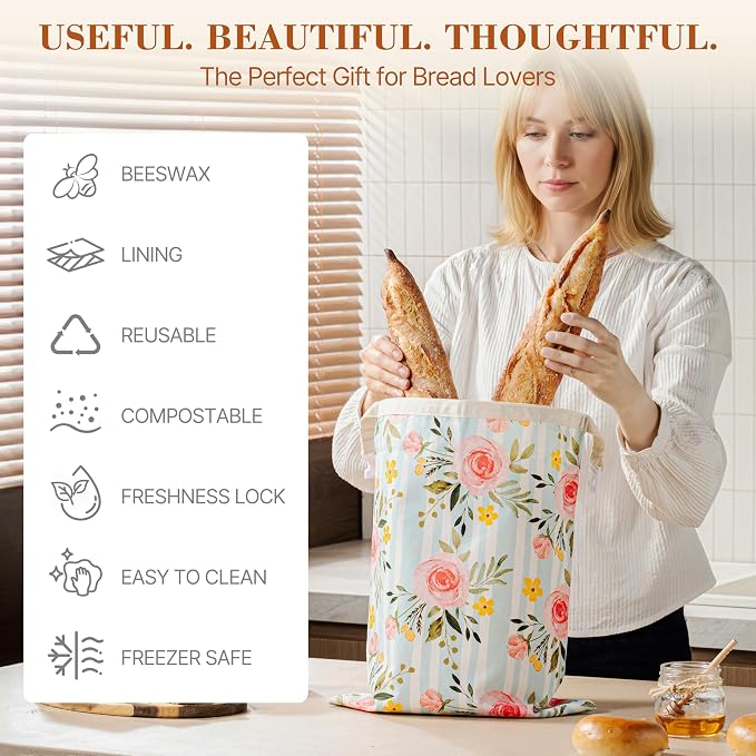 Beeswax Bread Bag, 2 Pack Sourdough Bread Bags, Reusable Bread Bags for Homemade Bread, Organic Cotton Beeswax Sourdough Bags, Wildwood Bloom Series