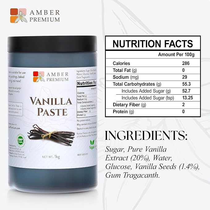 Amber Premium Pure Vanilla Bean Paste 1kg / 27 fl oz (US) - Made with Authentic Madagascar Vanilla Extract - Vegan, Kosher, Chef Recommended for Baking, Desserts, and Pastries