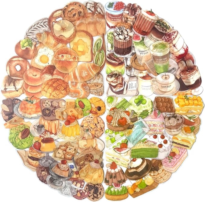 Maxleaf 80PCS Dessert Cake Clear Stickers for Scrapbook Decoration, 4 Series Retro Foods Bread Cake Coffee Stickers for Daily Life Diary Album Decoration