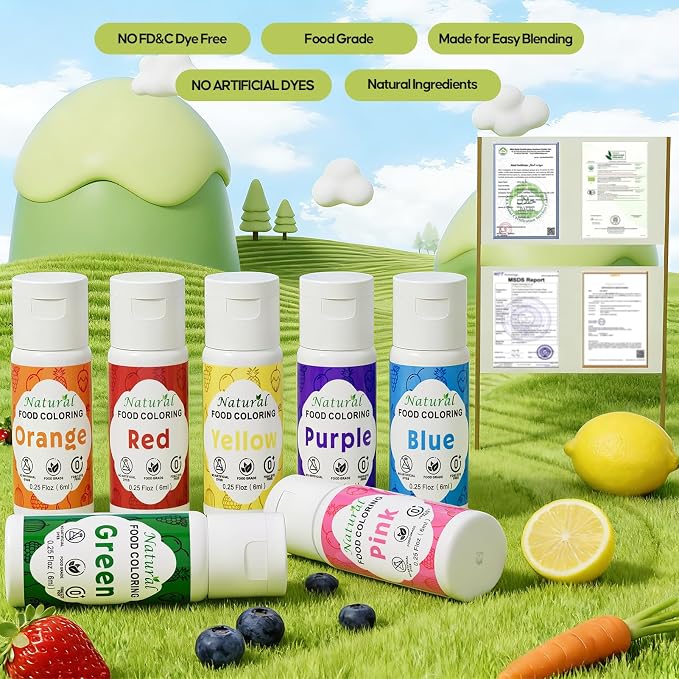 Natural Food Coloring for Cake Decorating 7x20ml, Cherrysea Vibrant Large Capacity Rainbow Liquid Colors FD&C & Artificial Dye Free Formula for Baking Cookie Buttercream, Frosting & Slime