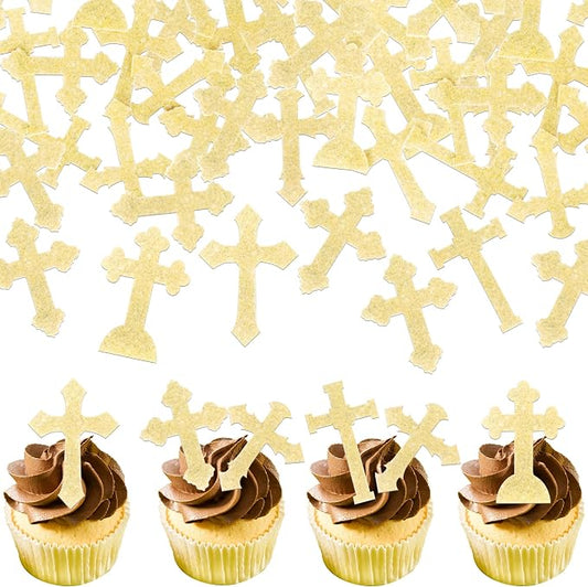 60 PCS Edible Cross Cupcake Toppers God Bless and Baptism Cupcake Toppers Edible Cross Cupcake Picks First Communion Cake Decorations for Religious Theme Baby Shower Birthday Party Supplies Gold