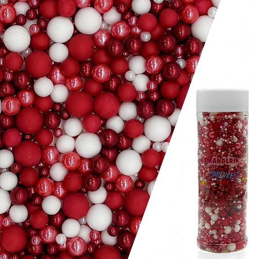 Edible Red Series & White Sugar Pearls Sprinkles Candy Mix Size Pearls Cake Decorations Cupcake Toppers Decorating Perfect for Wedding Party Valentine Supplies 4.58OZ