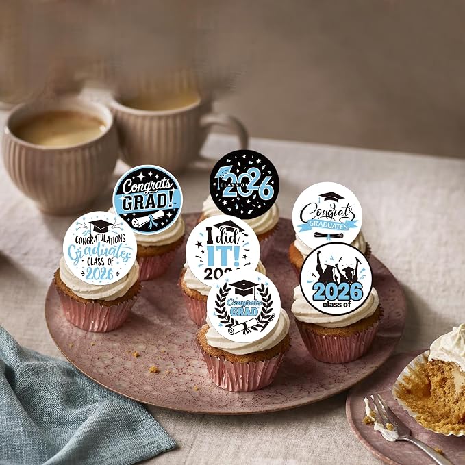 63 PCS Edible 2026 Graduation Cupcake Toppers Congrats Grad Class of 2026 Cake Decorations Edible Diploma 2026 Grad Cap Cupcake Picks for 2026 Graduation Party Cake Decorations Supplies Light Blue