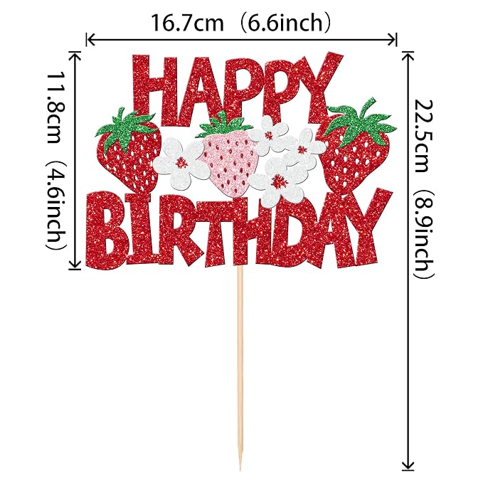 1 PCS Strawberry Happy Birthday Cake Topper Red Glitter Flower Fruit Strawberry Cake Pick Berry Birthday Cake Decoration for Strawberry Theme Baby Shower Birthday Party Cake Decorations Supplies