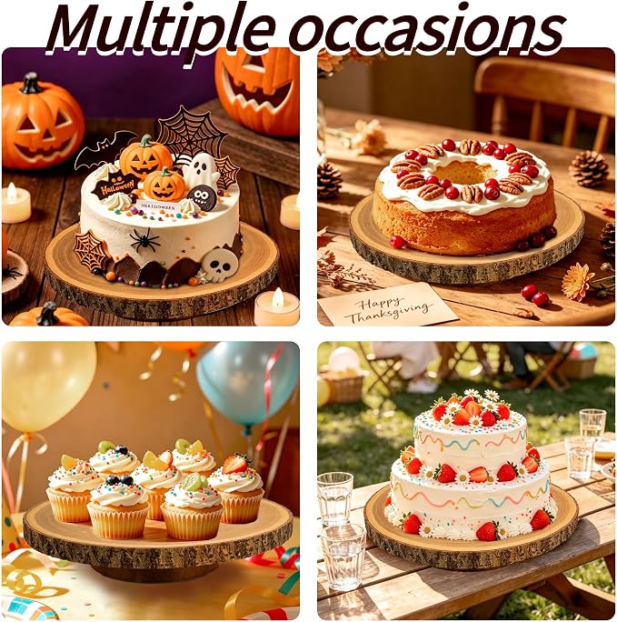 Rotating 12" Rustic Wood Cake Stand + Elegant Cutting Set — Smooth 360° Turntable for Wedding Cakes, Baking & Party Display