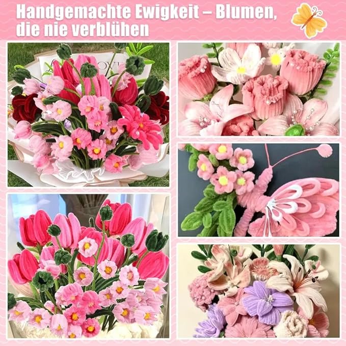 AHAMETON 620Pcs Pastel Pink Pipe Cleaner Flower Kit, 6 Colors Bulk Pipe Cleaners Craft Supplies with Wires, Stamens, Ribbon, Tapes, Card, DIY Flower Making for Gifts Home Decor, Party & School Crafts