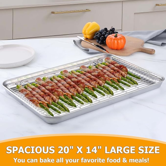 Homikit Baking Sheet with Rack (1 Pan + 1 Rack), 20" x 14" Stainless Steel Large Cookie Sheets for Baking, Big Bacon Baking Tray with Cooling Rack for Roasting Cooking, Nonstick & Dishwasher Safe