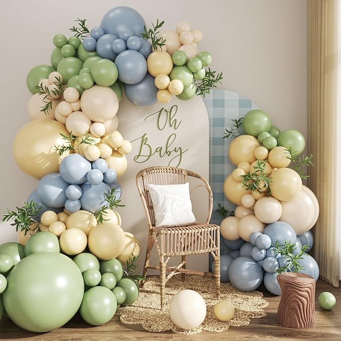 Sage Green Dusty Blue Yellow Pastel Balloon Arch Kit, 124Pcs Double Stuffed Yellow Green Dusty Blue Sand White Balloons for Baby Shower Wedding Bridal Birthday Gender Reveal Party Decorations