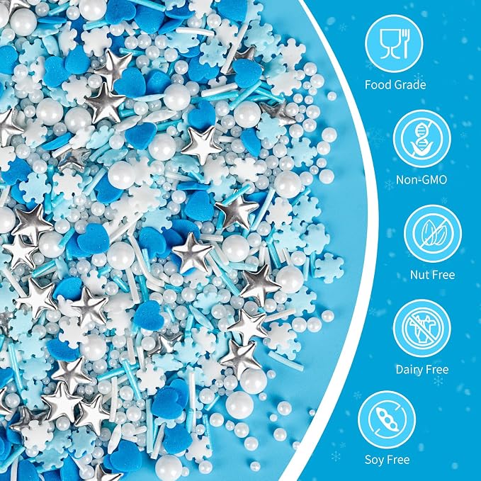 Edible Snowflake Sprinkles,Frozen Sprinkle for Cake,Blue Heart White Snowflake Silver Star Pearl Jimmies Mix,130g/4.58oz,Winter Snow Sugar Pearls Sprinkles for Decorations Baking,Cake Ice Cream Cookies Cupcake Topper Chocolate,Birthday Children Party D...